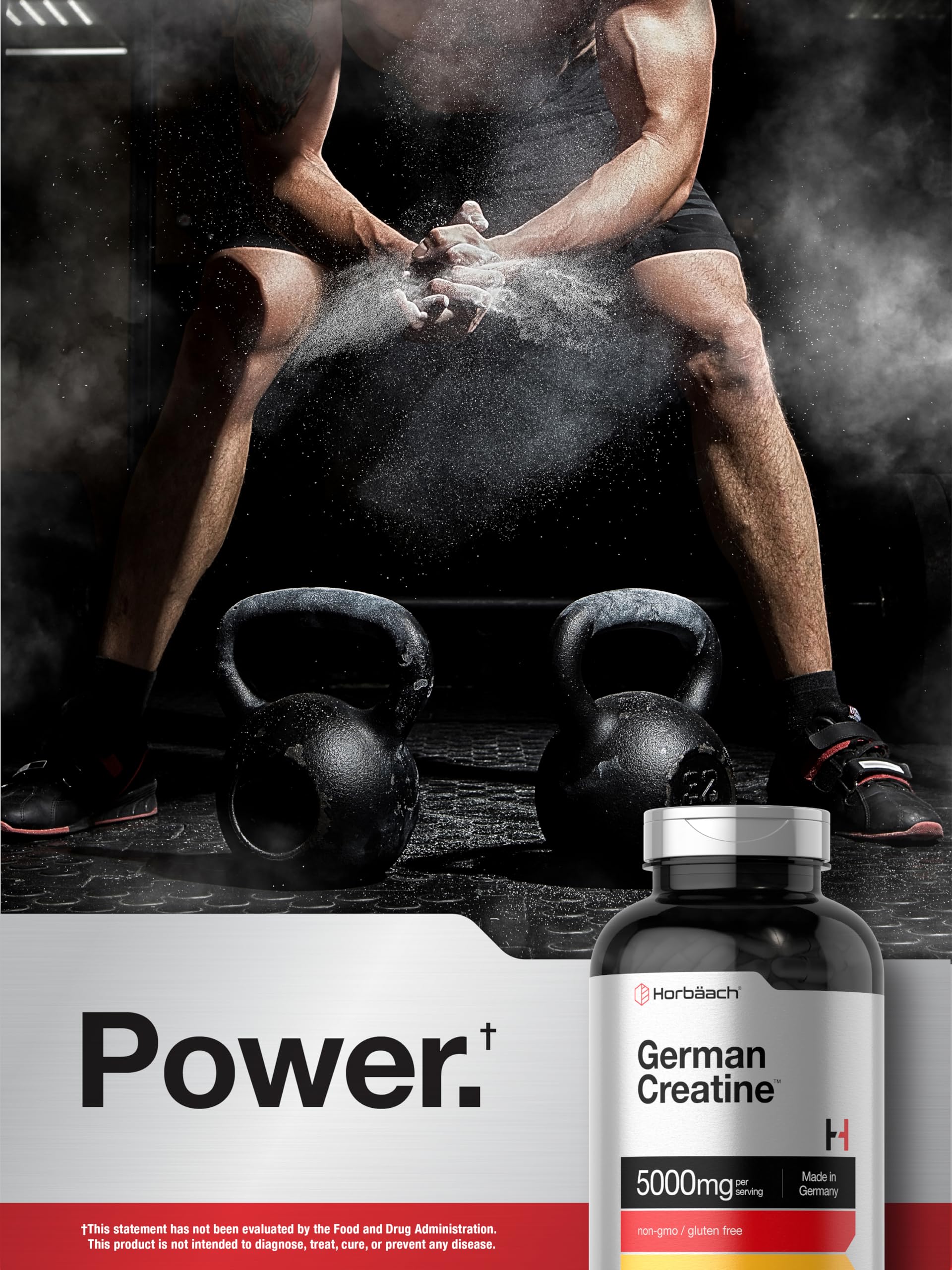 Side view of Horbaach Creatine Monohydrate bottle with dosage info