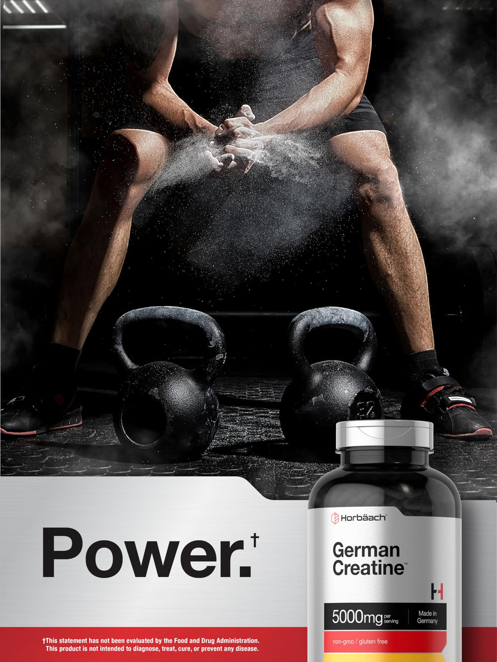 Side view of Horbaach Creatine Monohydrate bottle with dosage info