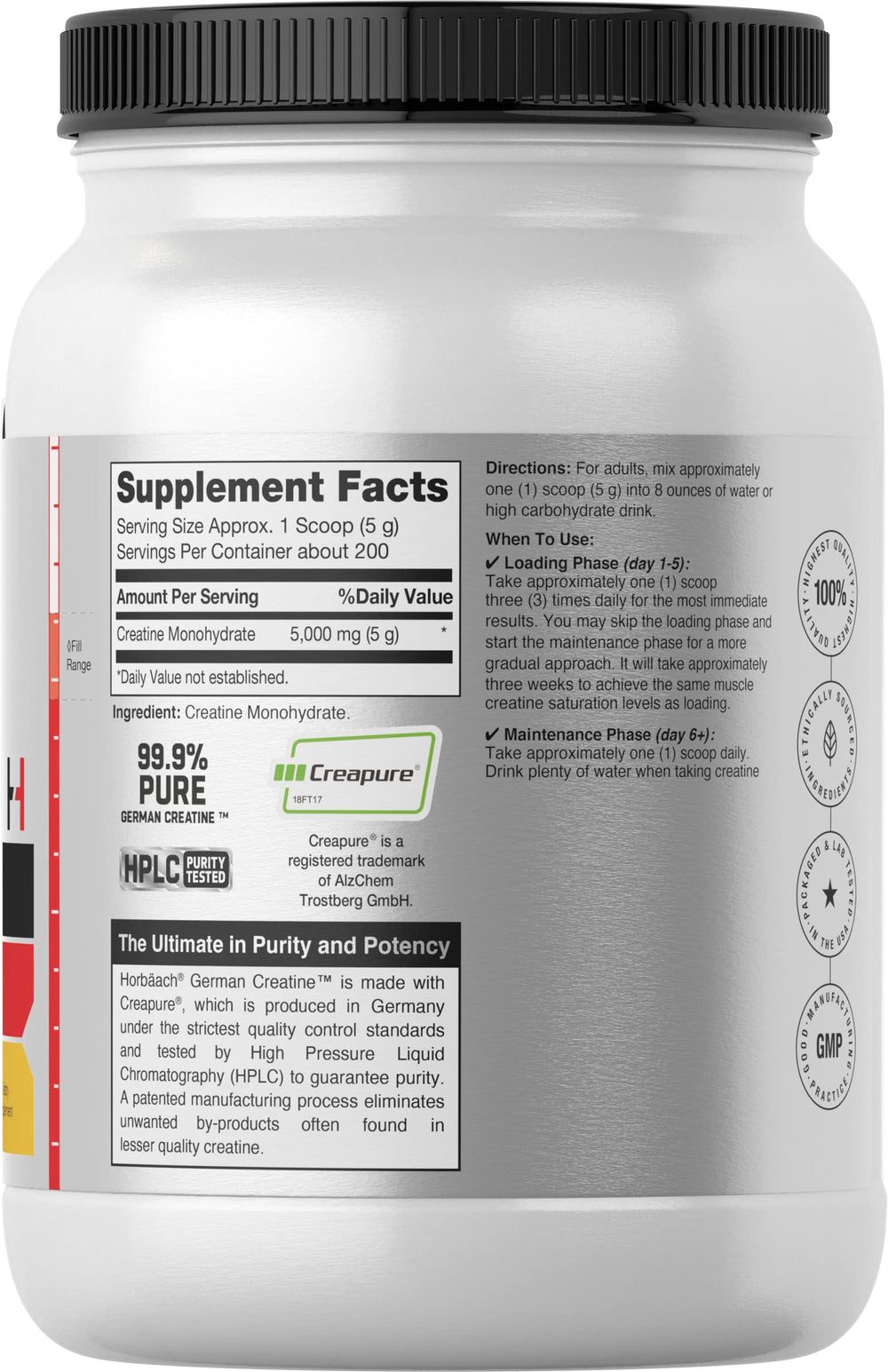 Side view of Horbäach German Creatine Powder 1000g