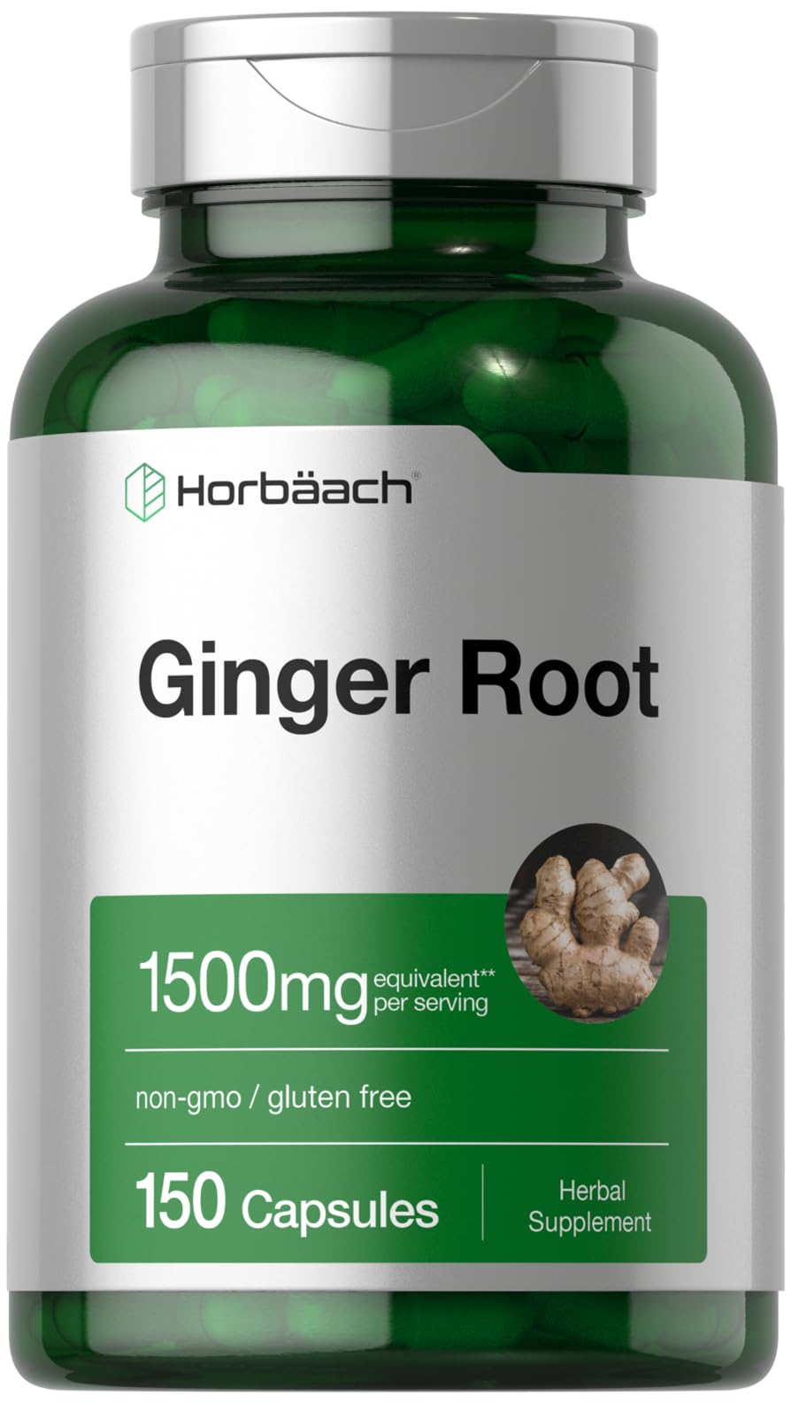 Bottle of Horbäach Ginger Root Capsules 1500 mg with label