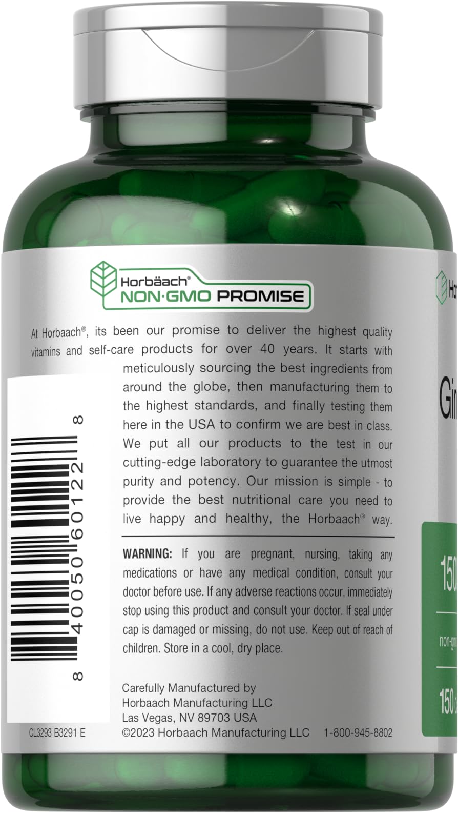 Supplement facts panel for Horbäach Ginger Root Capsules
