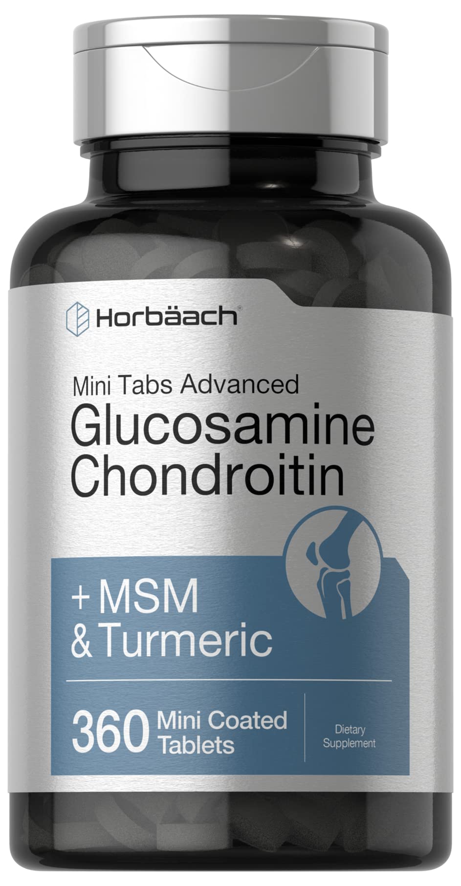 Front view of Horbäach Glucosamine Chondroitin MSM Turmeric 360 Mini Coated Tablets bottle