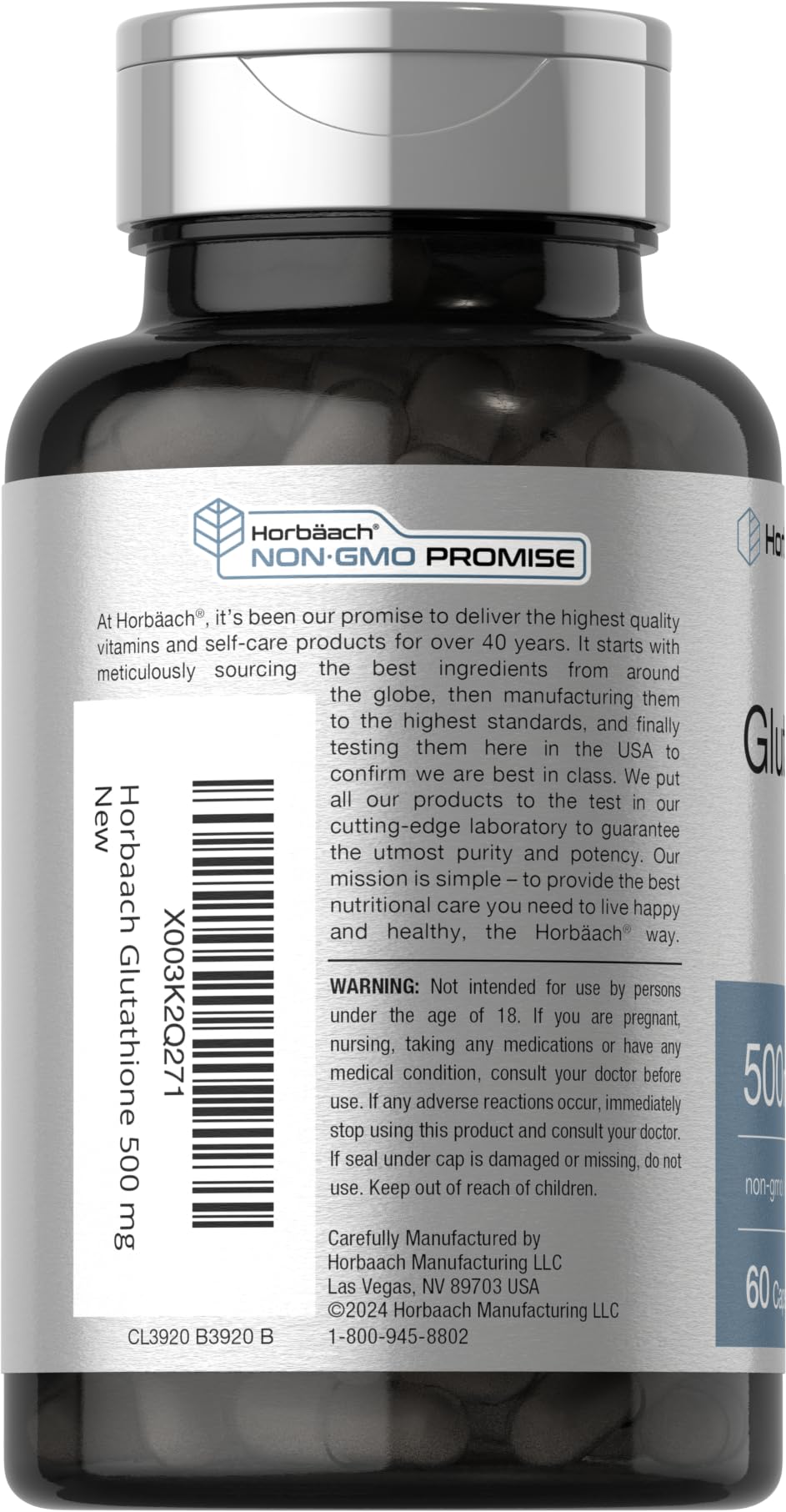 Gluten-free and Non-GMO Horbaach Glutathione label