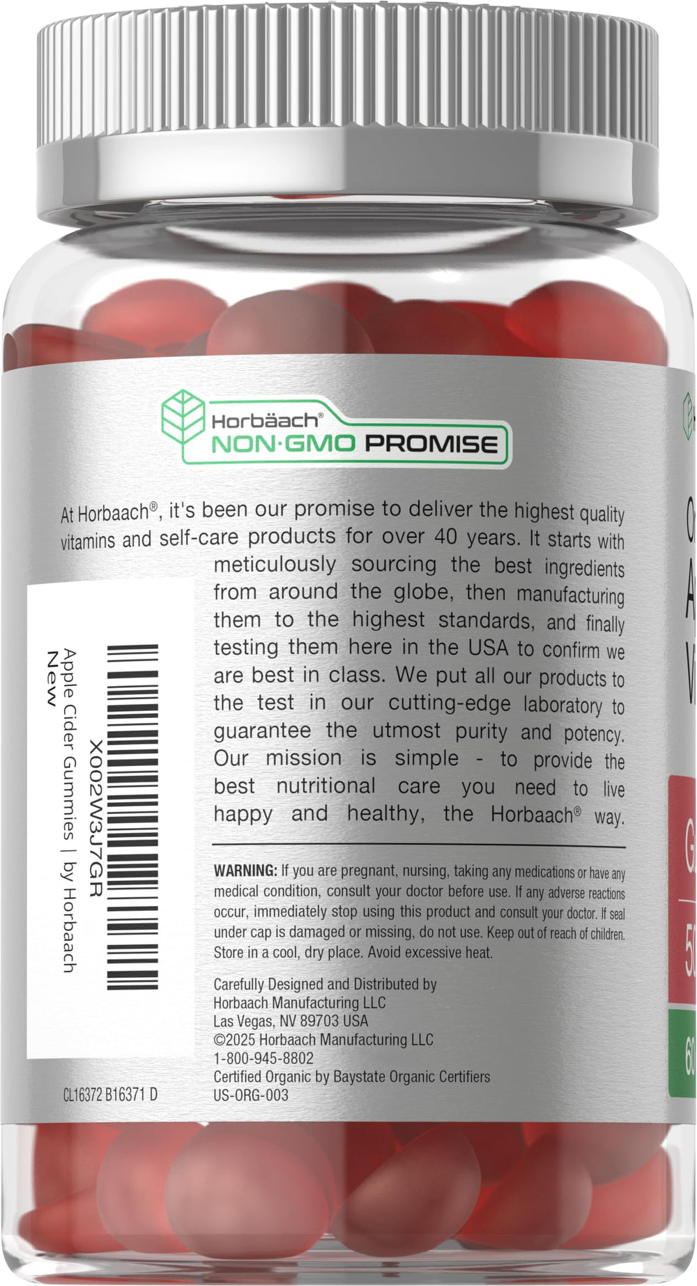 Horbaach gluten-free non-GMO ACV gummies label with USDA Organic seal.