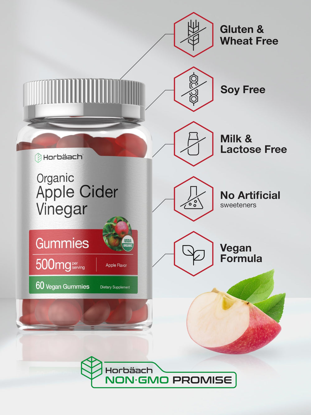 Horbaach gluten-free non-GMO ACV gummies label with USDA Organic seal.