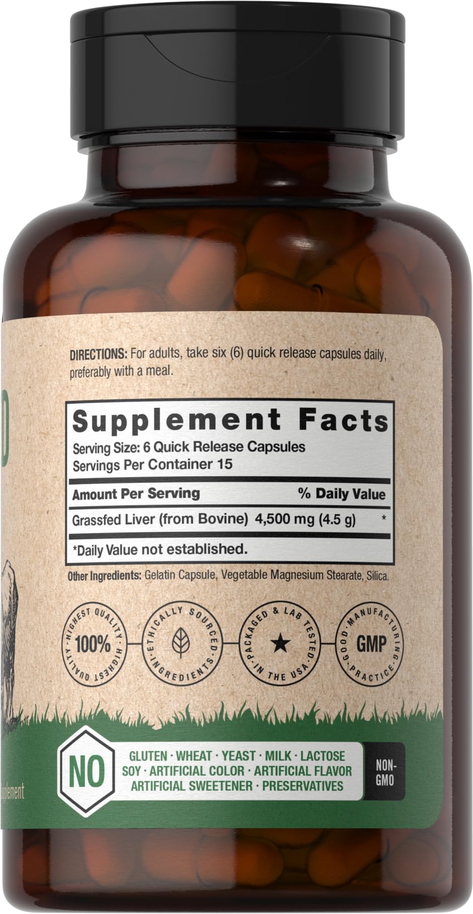 Close-up of 4500 mg per serving on Horbaach Beef Liver bottle