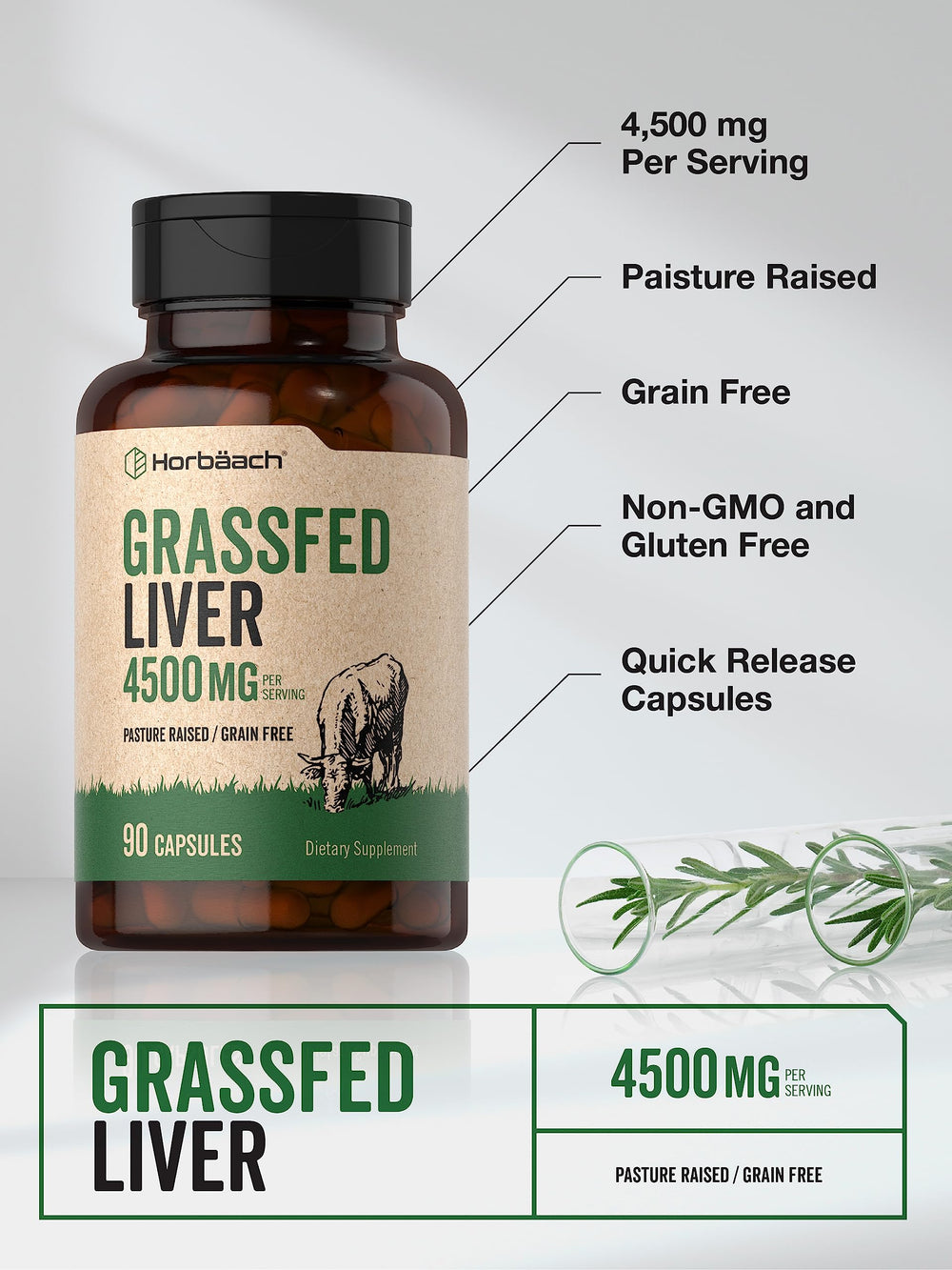 90 quick-release capsules next to Horbaach Grass Fed Beef Liver bottle