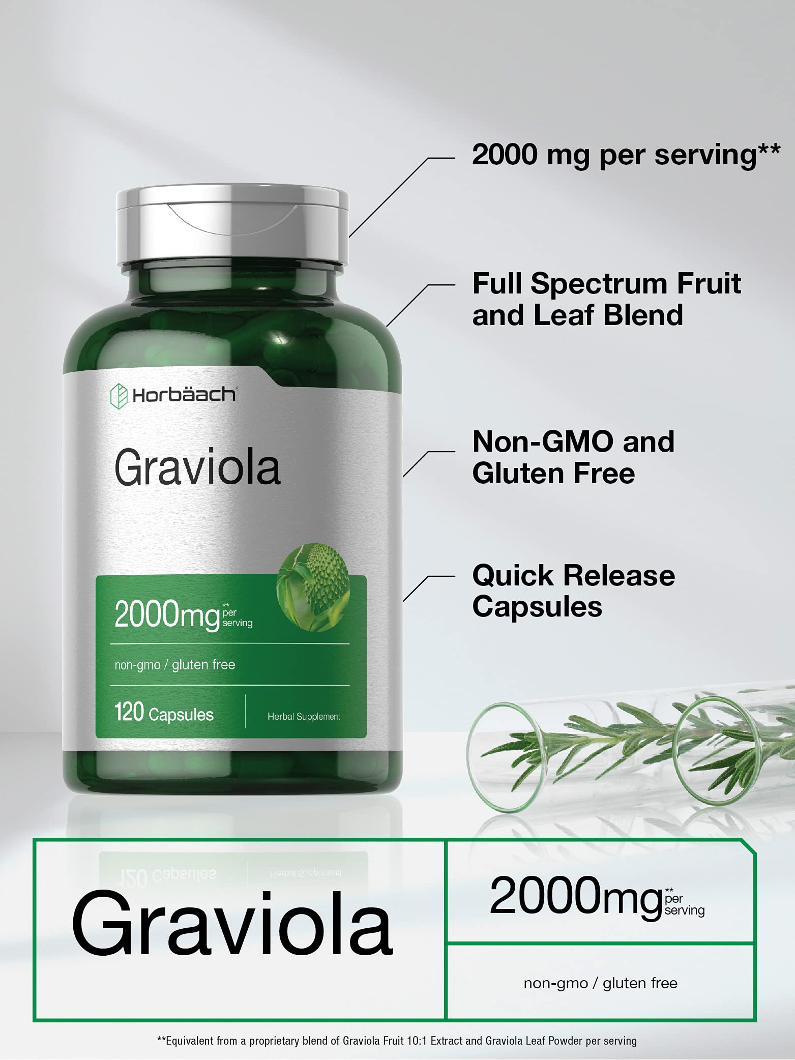 Horbäach Graviola capsules packaging and bottle