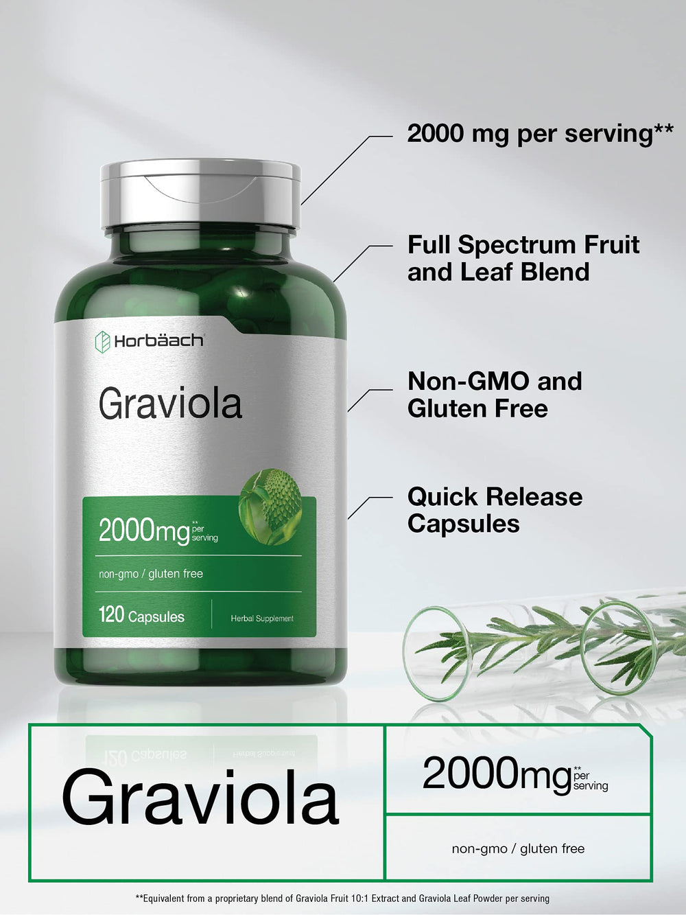 Horbäach Graviola product canister label highlighting non-GMO and gluten-free claims