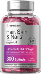 Bottle of Horbaach Hair Skin and Nails vitamins with Argan and Coconut Oil softgels