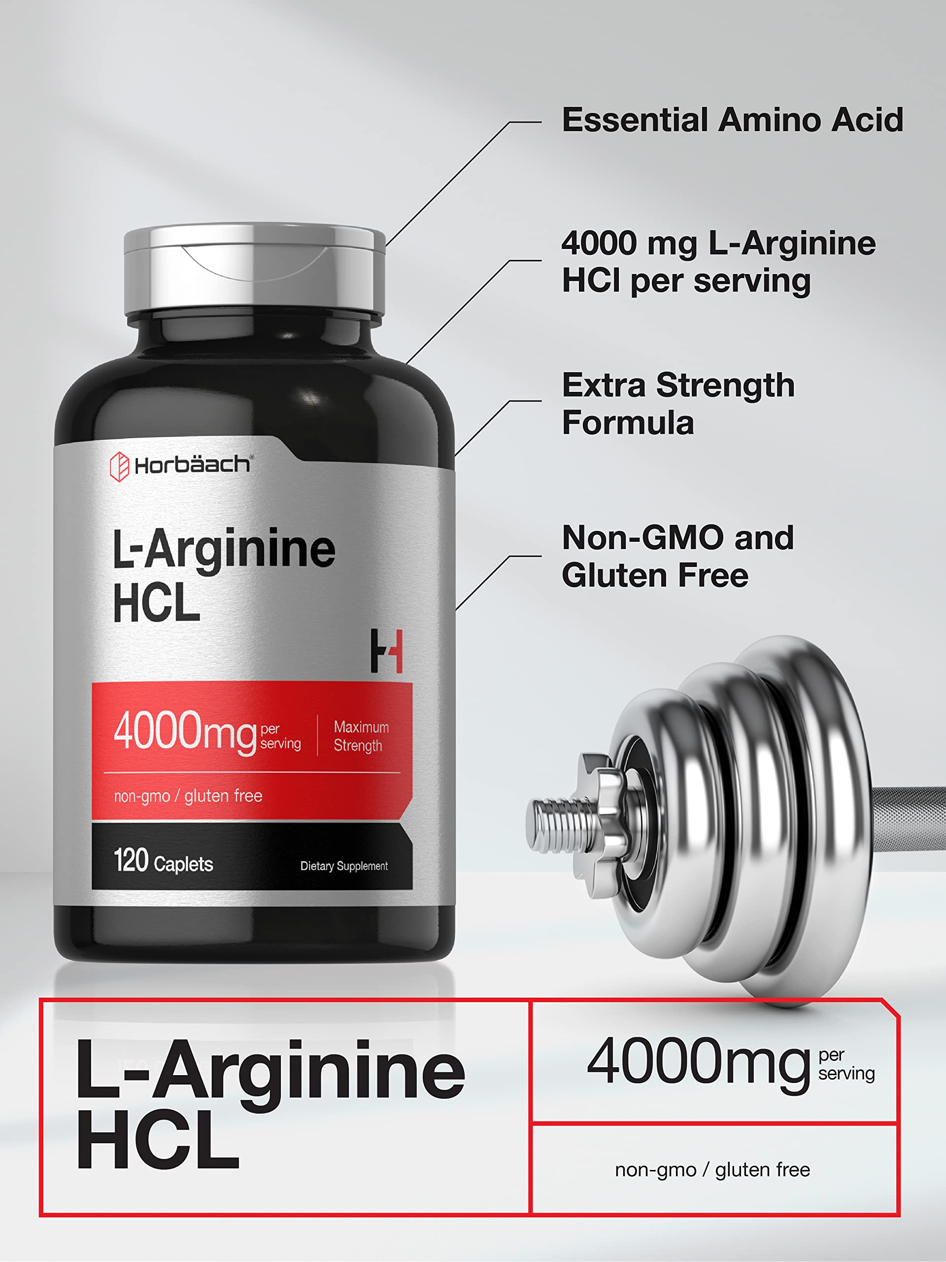 L-Arginine 4000mg ingredient list showing gluten-free and non-GMO