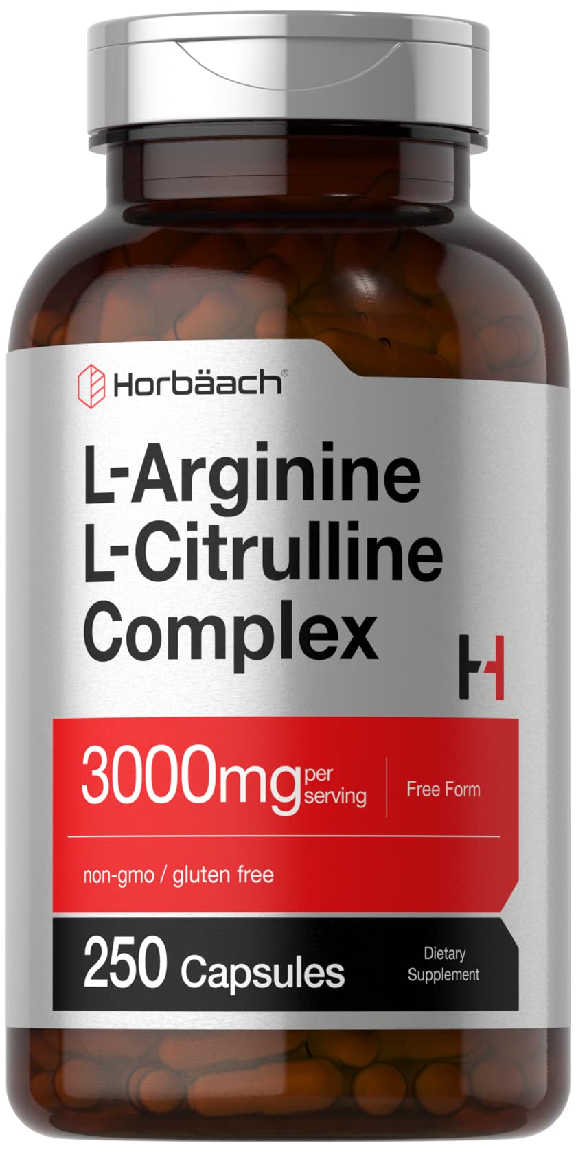 Label on Horbaach L-Arginine L-Citrulline Complex bottle showing 3,000 mg per serving
