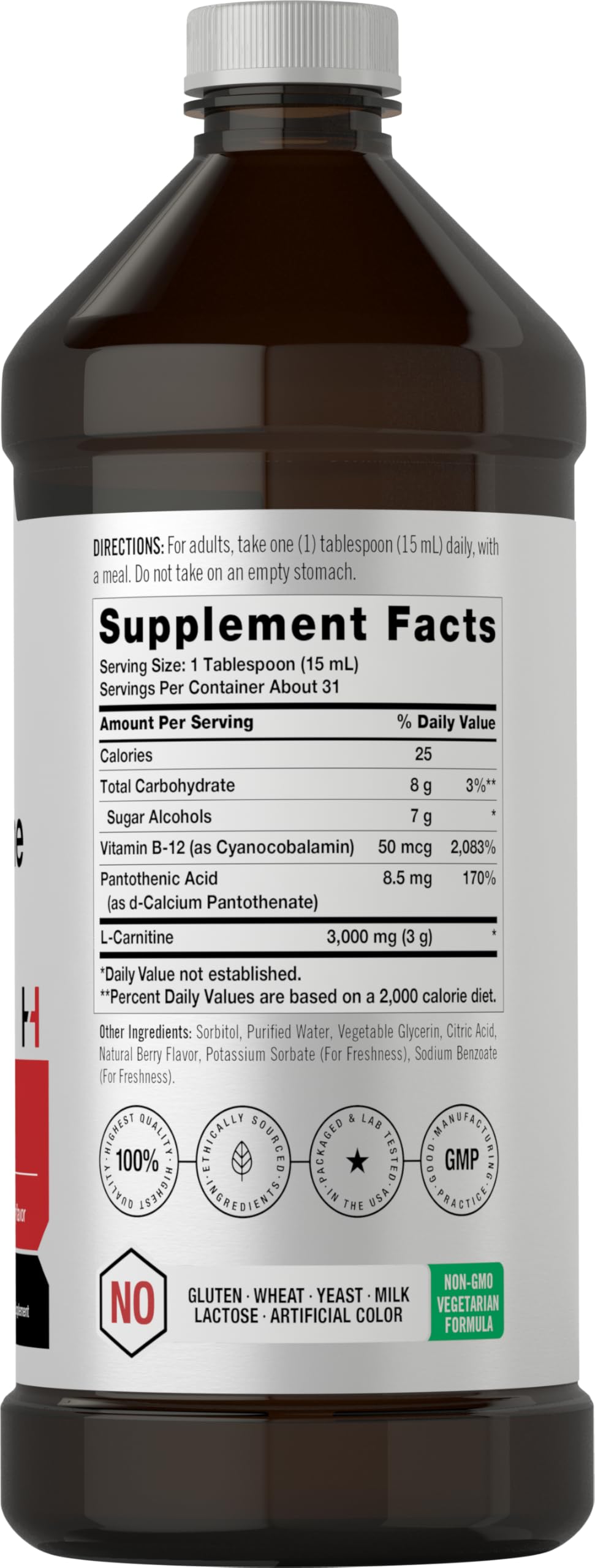 Close-up label shows 3000 mg per serving on Horbäach L-Carnitine Liquid.