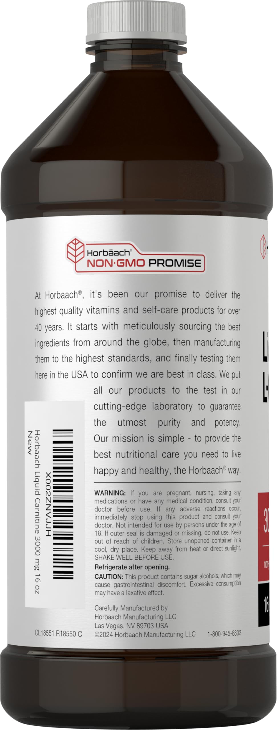 Close-up label shows 3000 mg per serving on Horbäach L-Carnitine Liquid.