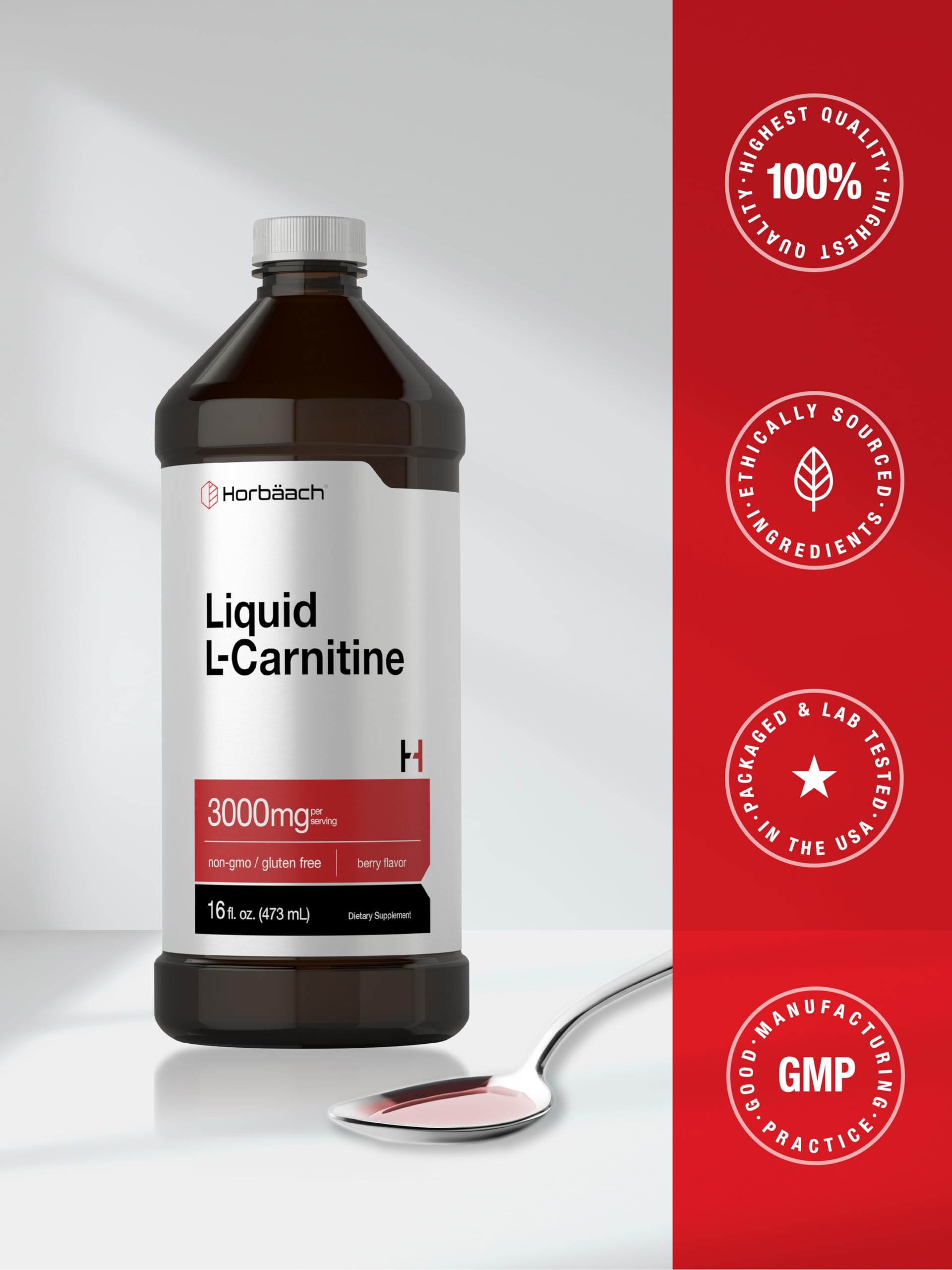 Non-GMO and gluten-free Horbäach L-Carnitine Liquid seal highlight.