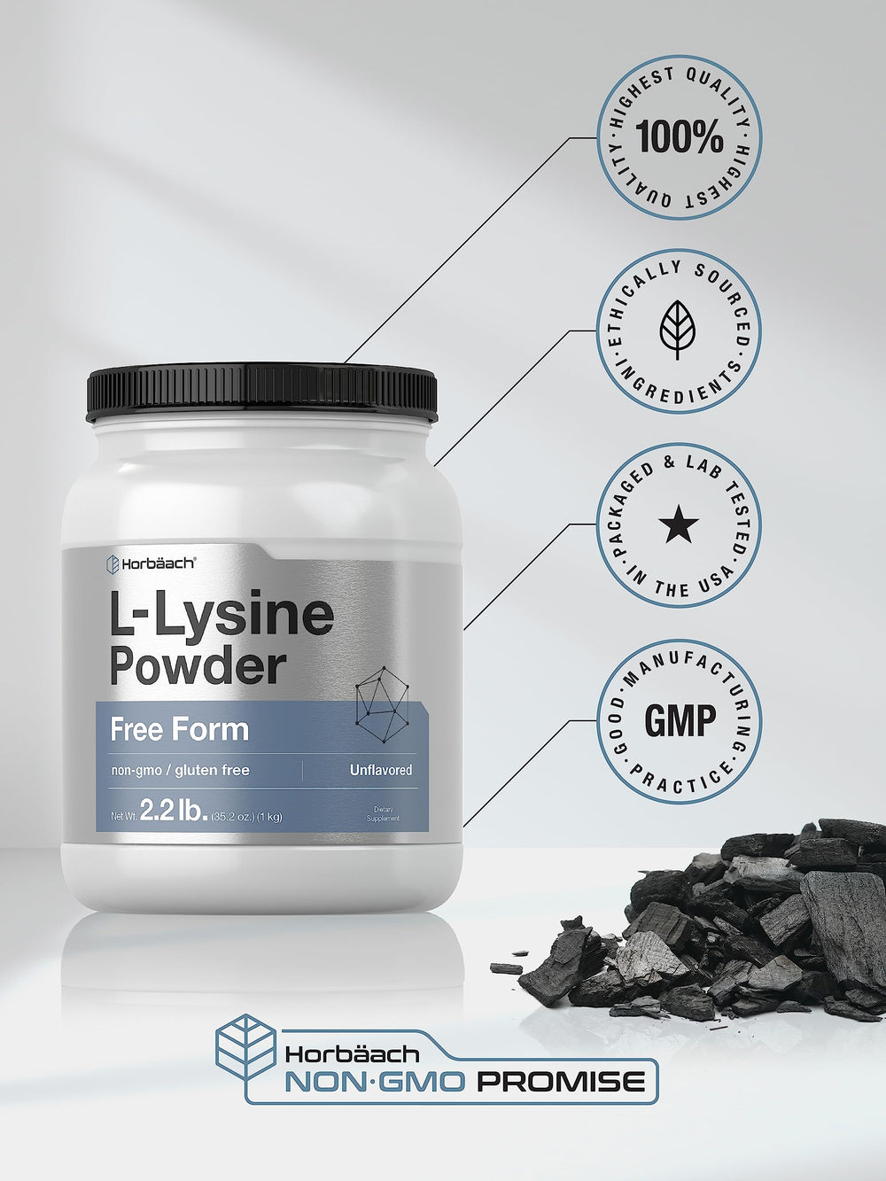 Front view of Horbaach L-Lysine Powder container
