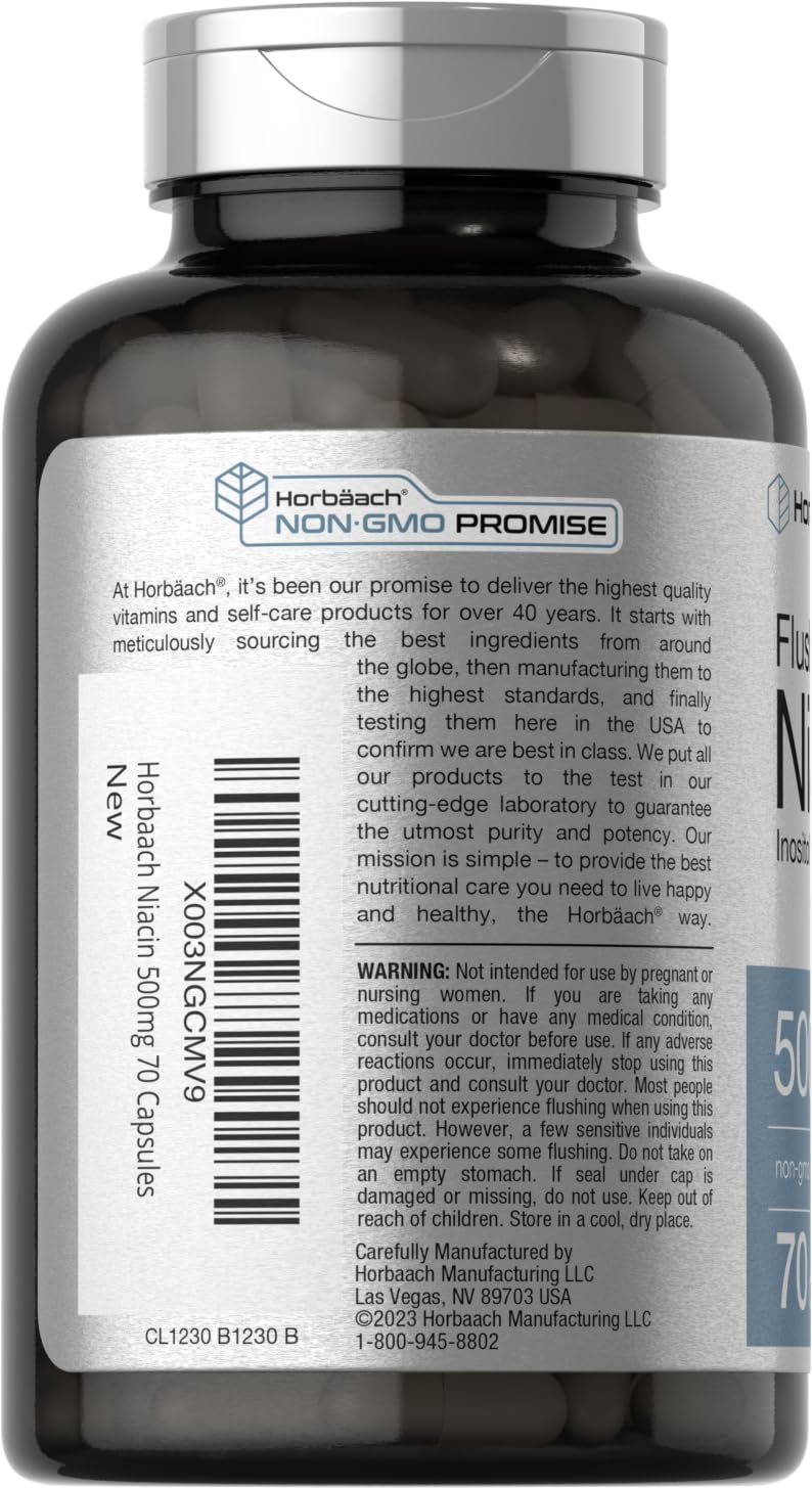 Horbäach label detail highlighting niacin 500 mg and inositol hexanicotinate potency