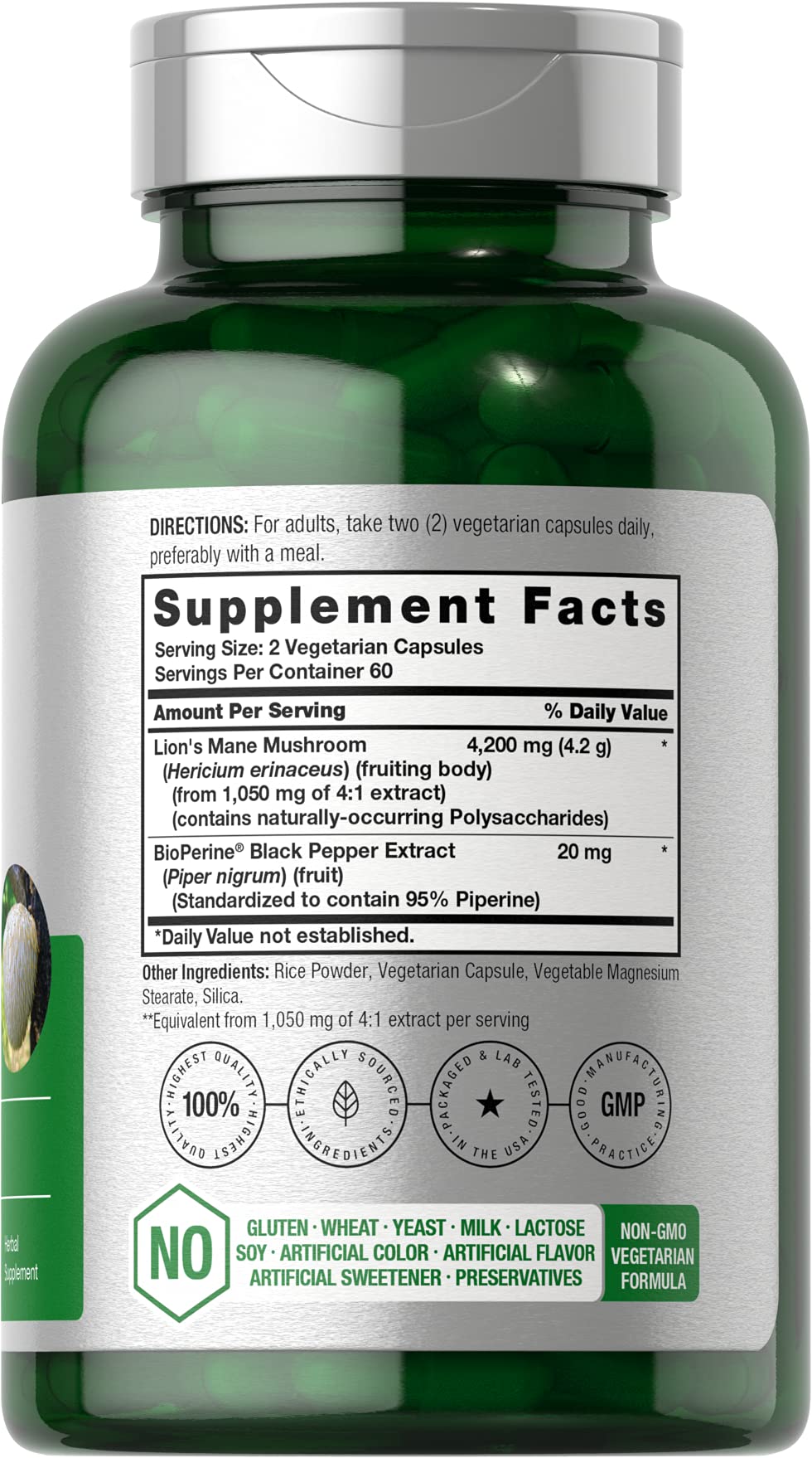 Close-up of Horbaach Lion's Mane label - 4200mg per serving