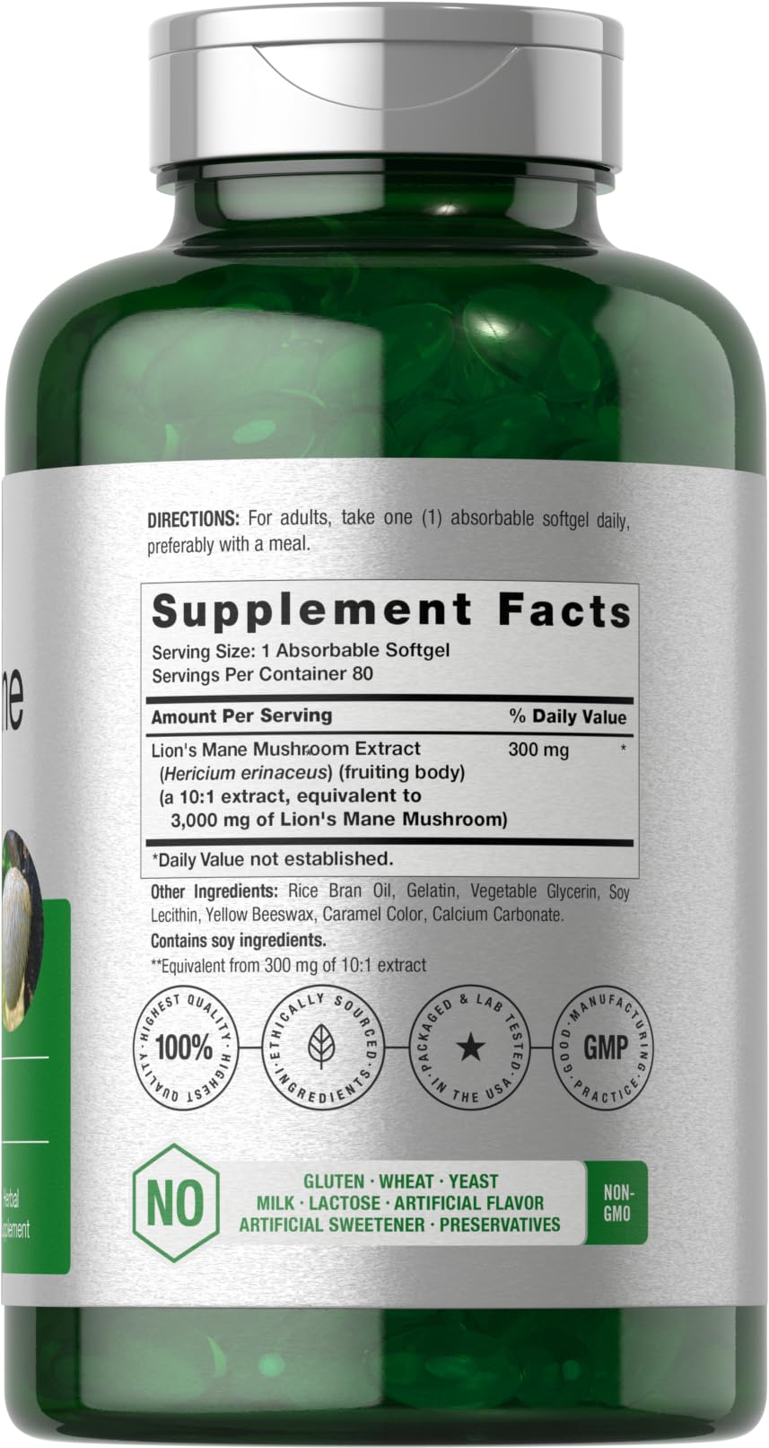 Close-up of Lions Mane supplement bottle label