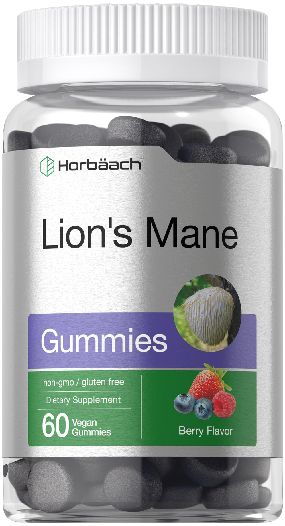 Product shot of Horbaach Lion's Mane vegan gummies bottle on white background