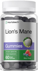 Product shot of Horbaach Lion's Mane vegan gummies bottle on white background