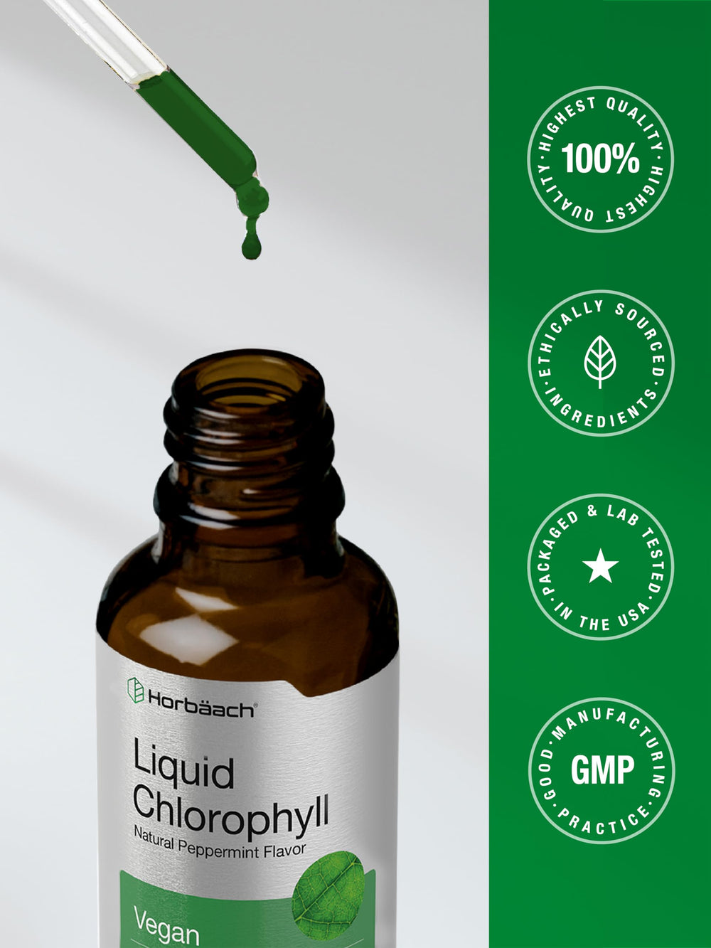 Box and bottle packaging of Horbäach Liquid Chlorophyll Drops
