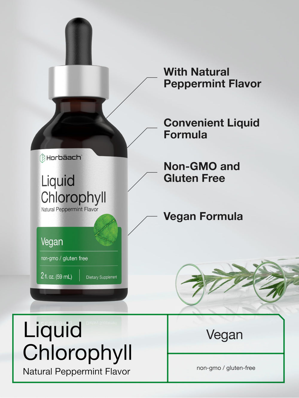Vegan, Non-GMO and Gluten-Free Horbäach Chlorophyll Drops packaging