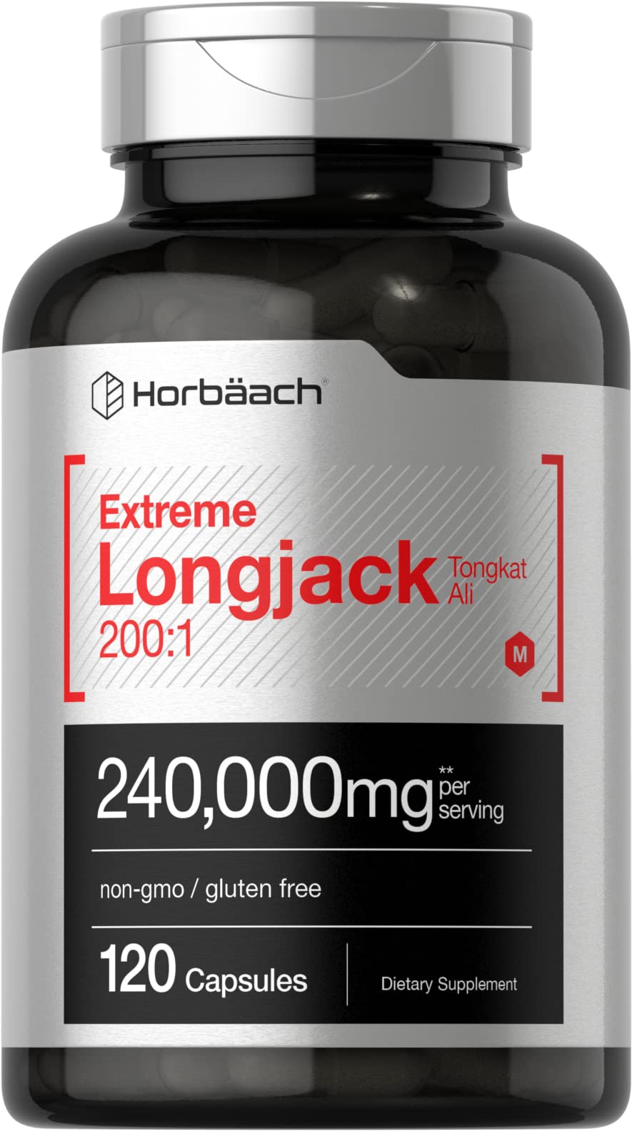 Horbäach Tongkat Ali bottle closeup highlighting potency for daily vitality.