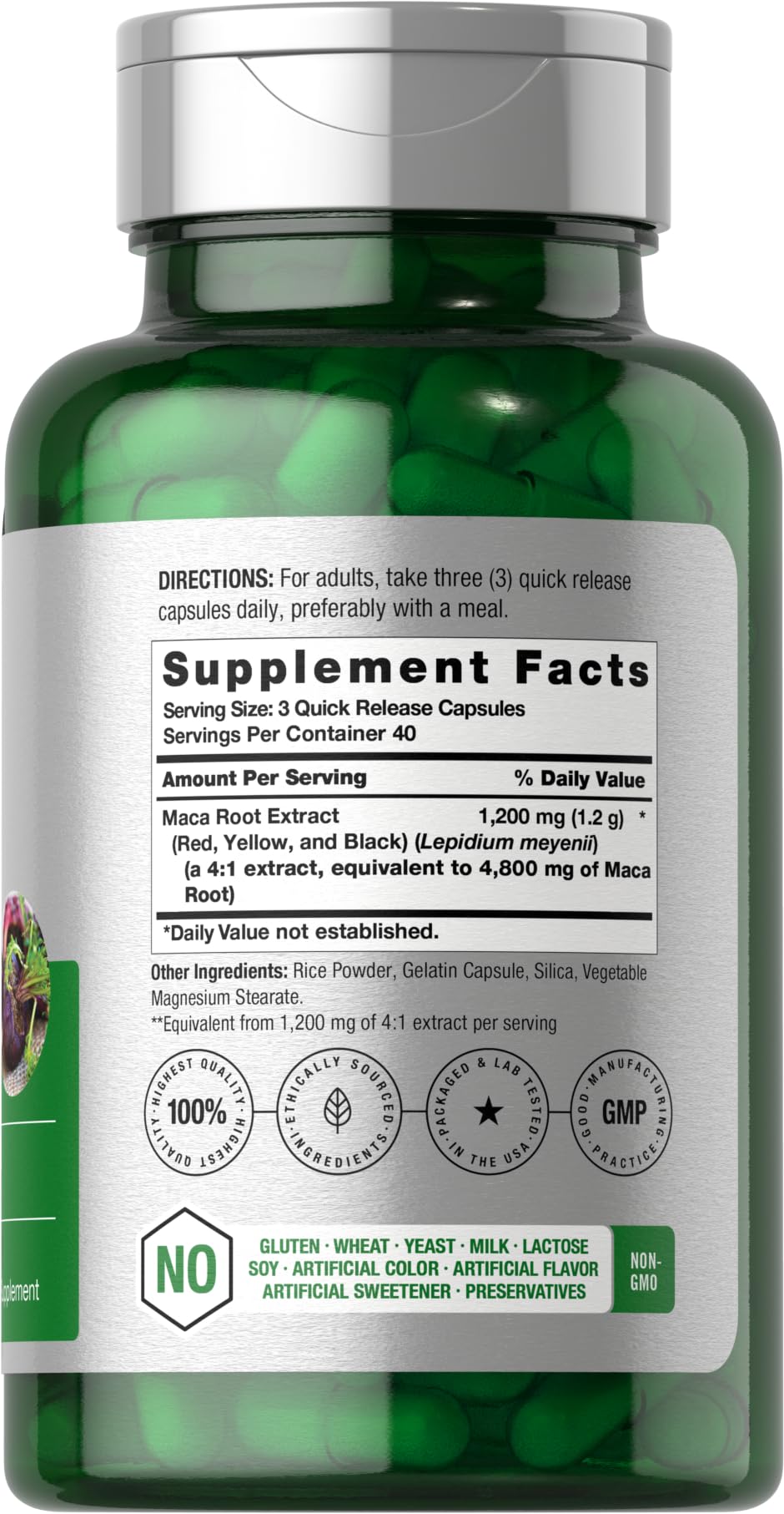 Horbäach Maca Root Capsules bottle label close-up