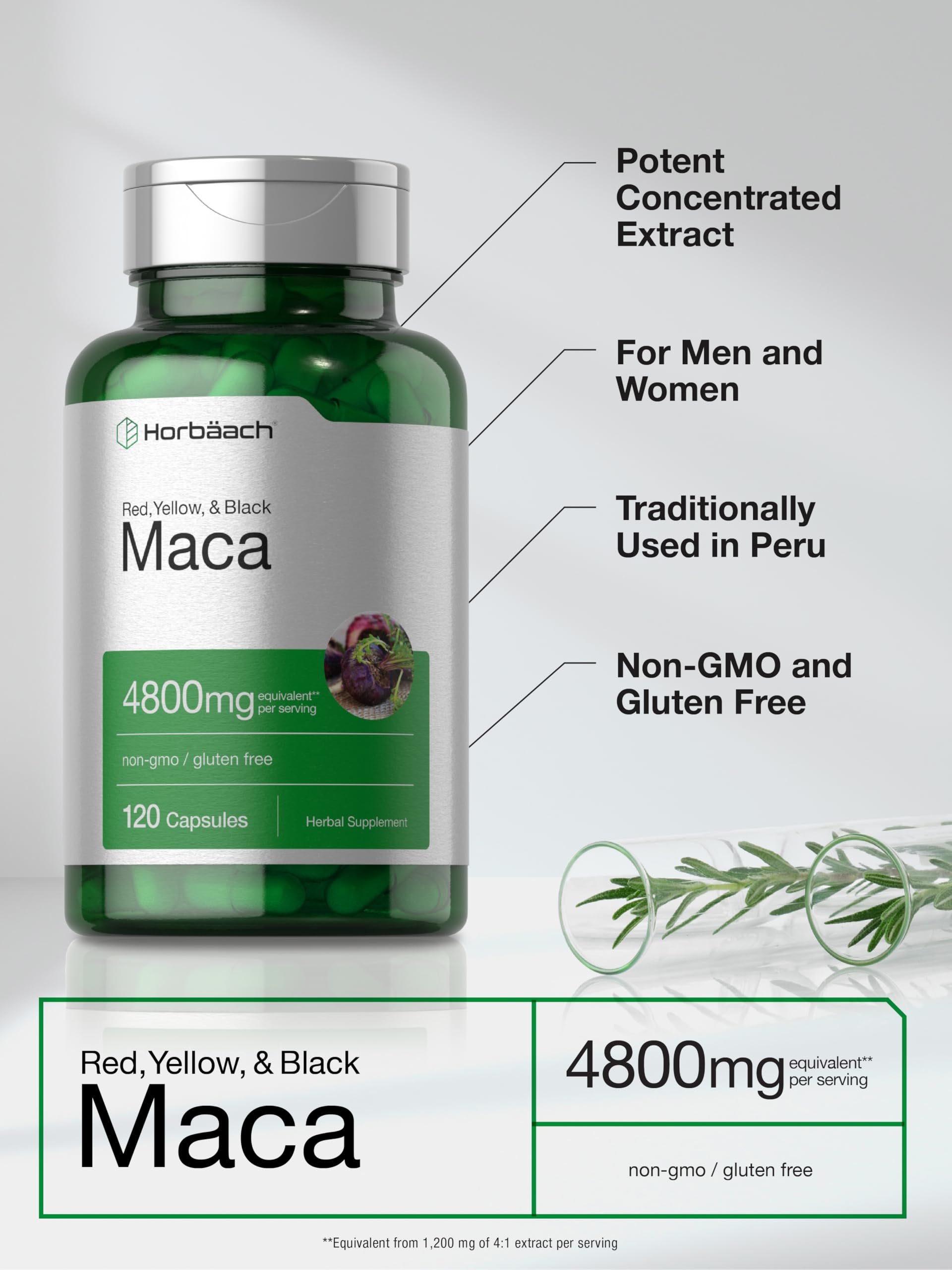 Close-up of Maca root capsules in bottle