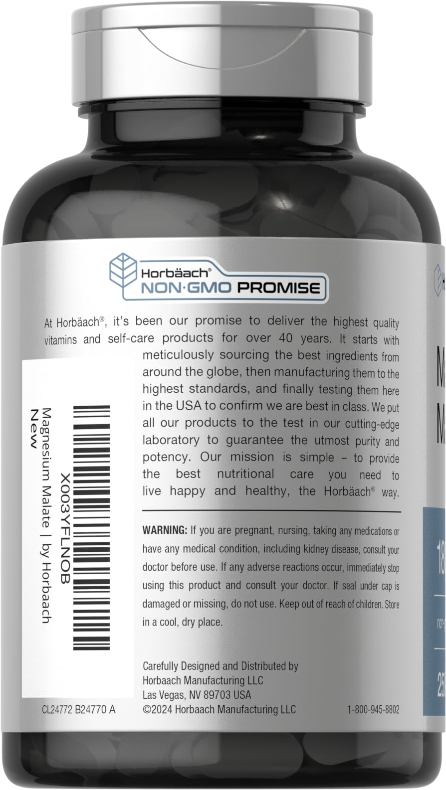 Side view of Horbäach Magnesium Malate 1800mg bottle