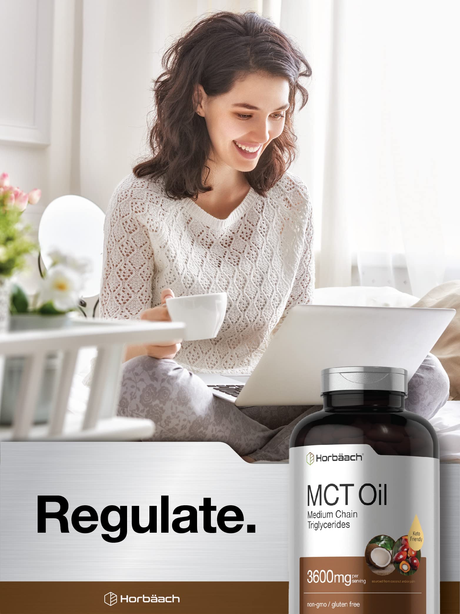 Non-GMO and gluten-free Horbäach MCT Oil Pills packaging