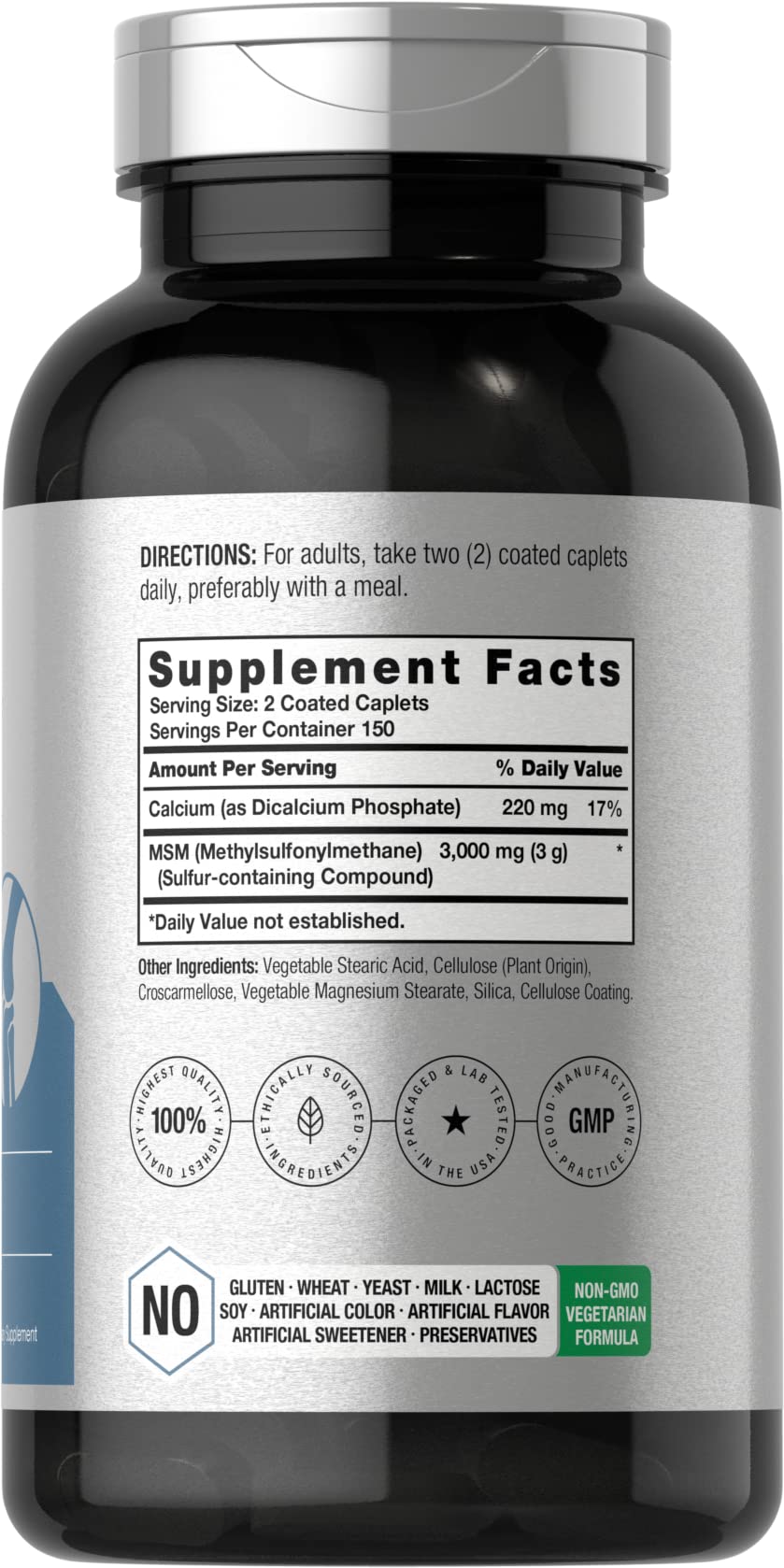 Back view of Horbaach MSM supplement bottle with 3000 mg MSM