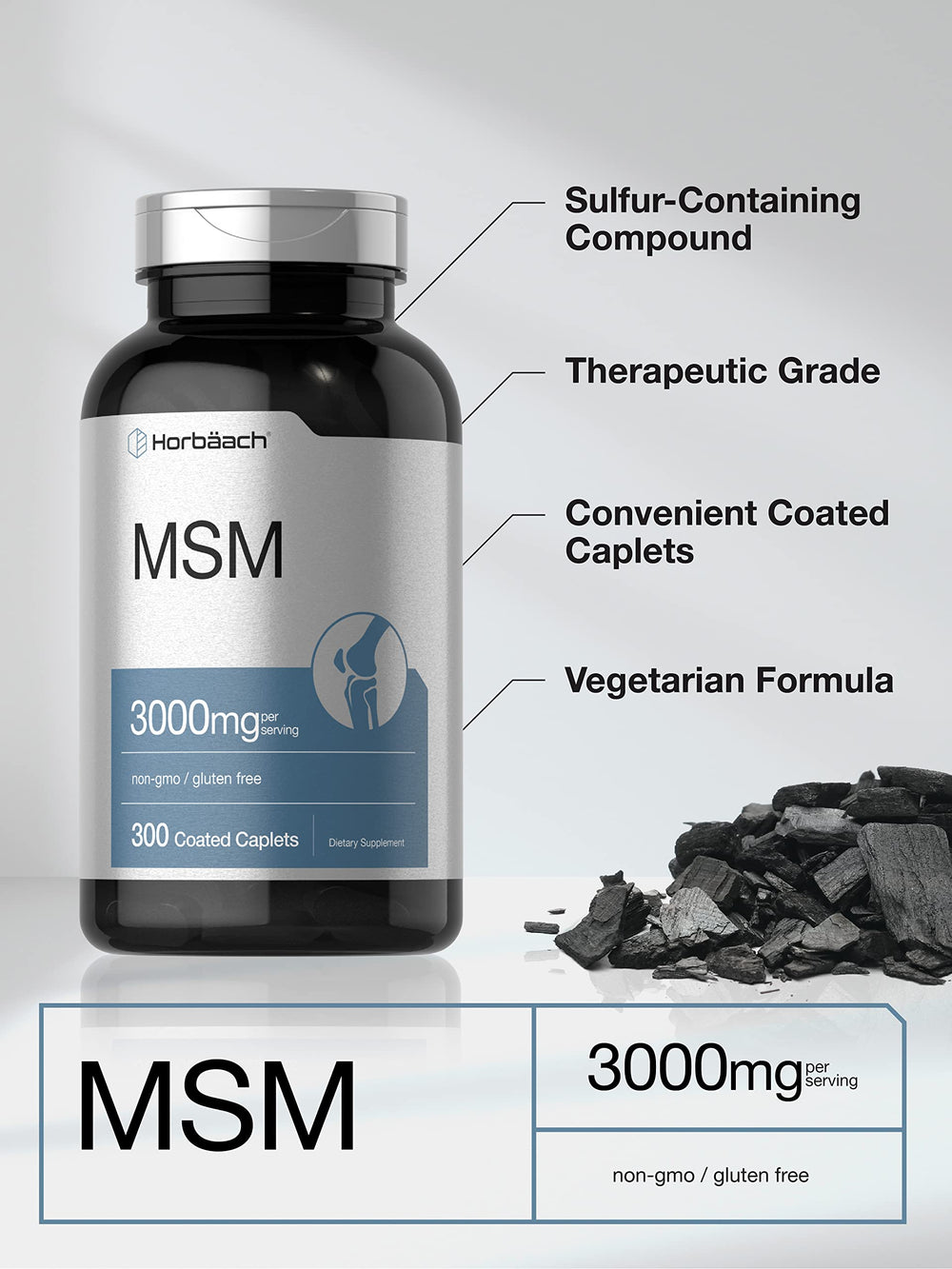 MSM bottle label highlighting ingredients and guaranteed quality