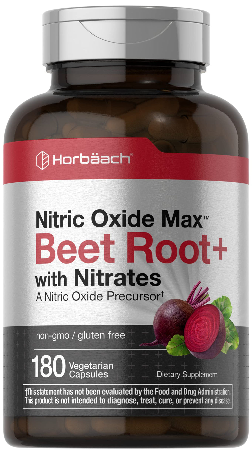 Front view of Horbaach Nitric Oxide Beet Root Capsules bottle
