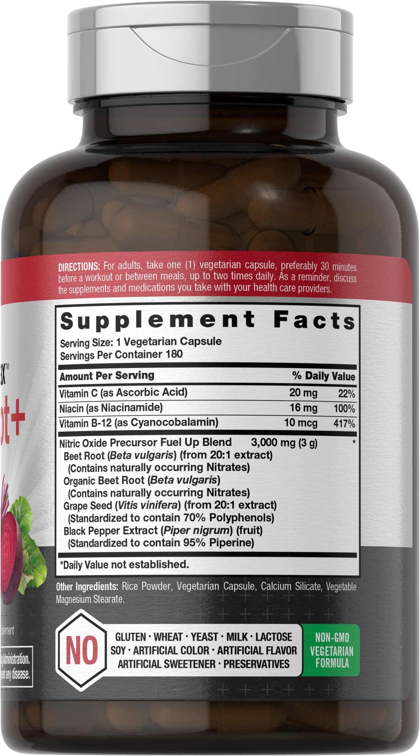Beet root nitric oxide precursor blend ingredients listed on product label