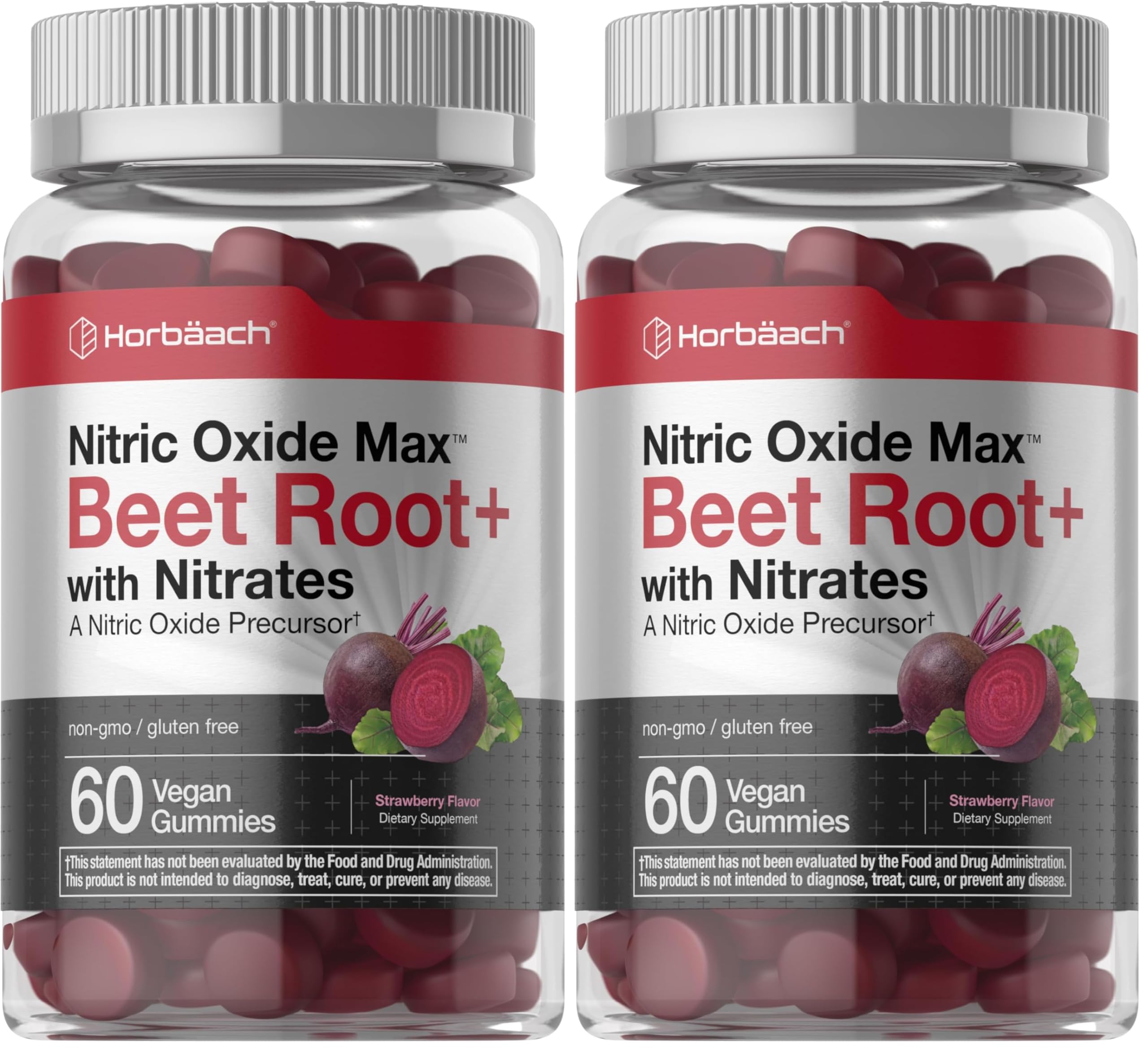 Horbäach Nitric Oxide Beet Root Gummies bottle label and gummies