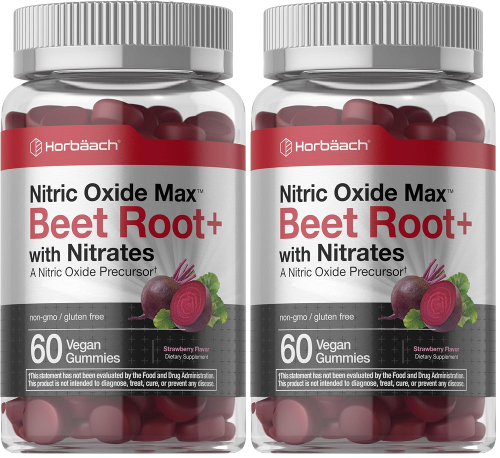 Horbäach Nitric Oxide Beet Root Gummies bottle label and gummies