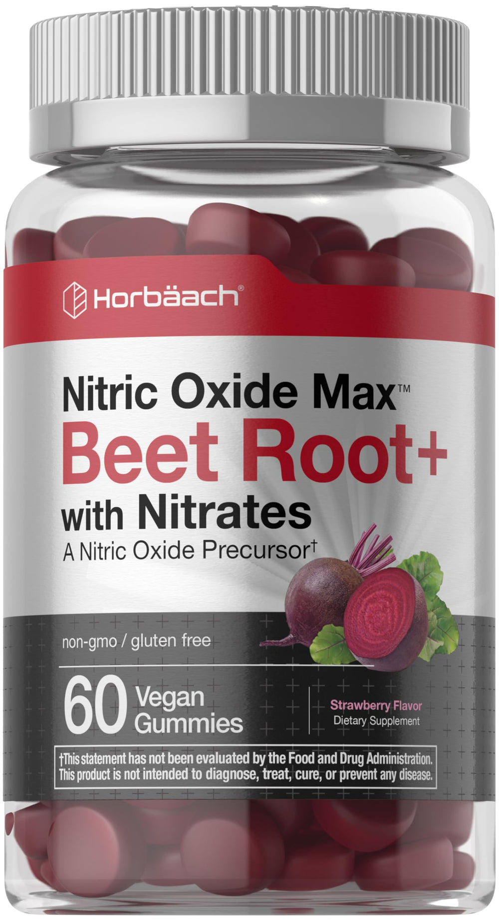 Horbäach Nitric Oxide Beet Root Gummies bottle with strawberry flavor