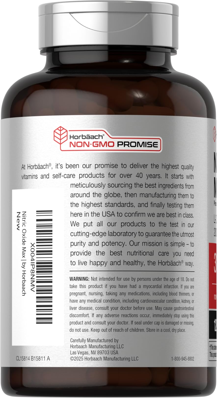 Horbäach Nitric Oxide bottle side profile showing compact, easy-to-carry pre-workout packaging.