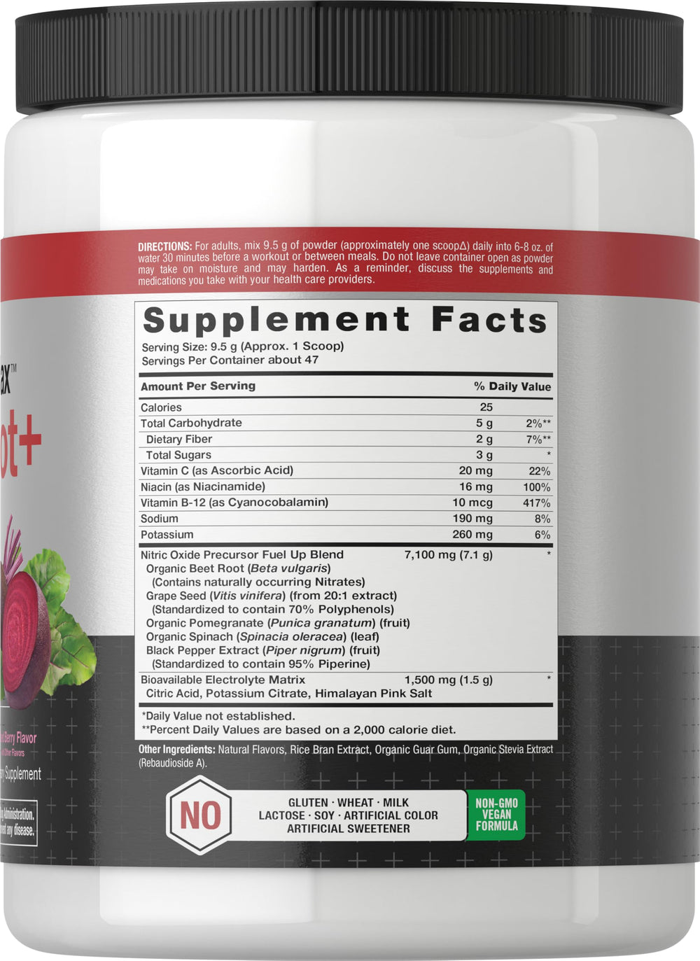Horbaach Nitric Oxide Powder bottle side label highlights gluten-free, non-GMO ingredients for clean nutrition.