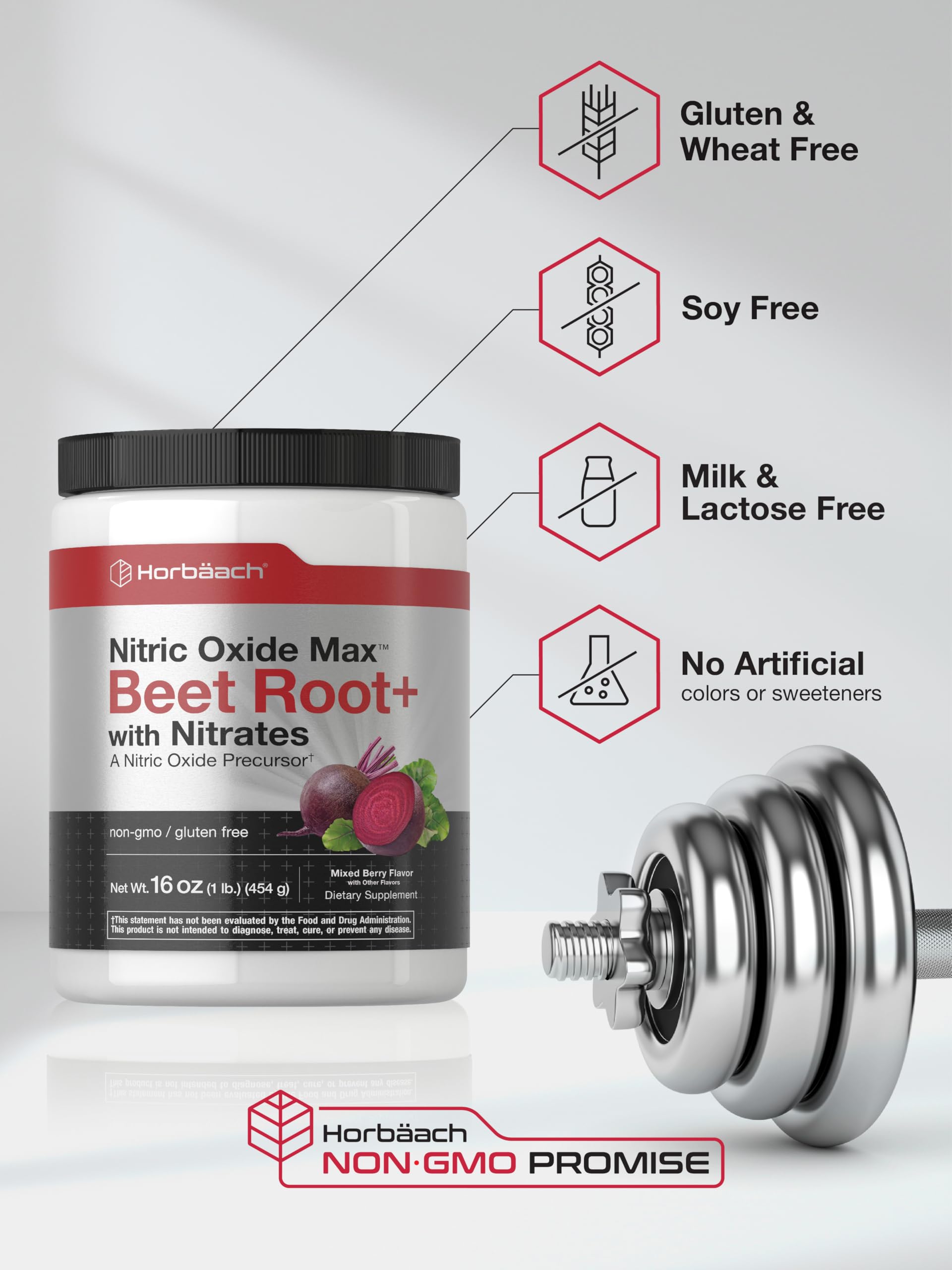 Horbaach Nitric Oxide Powder dissolving in glass suggests berry flavor in liquid form.