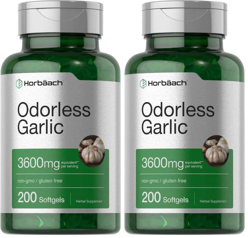 Bottle of Horbaach Odorless Garlic Softgels with 3600 mg per serving label