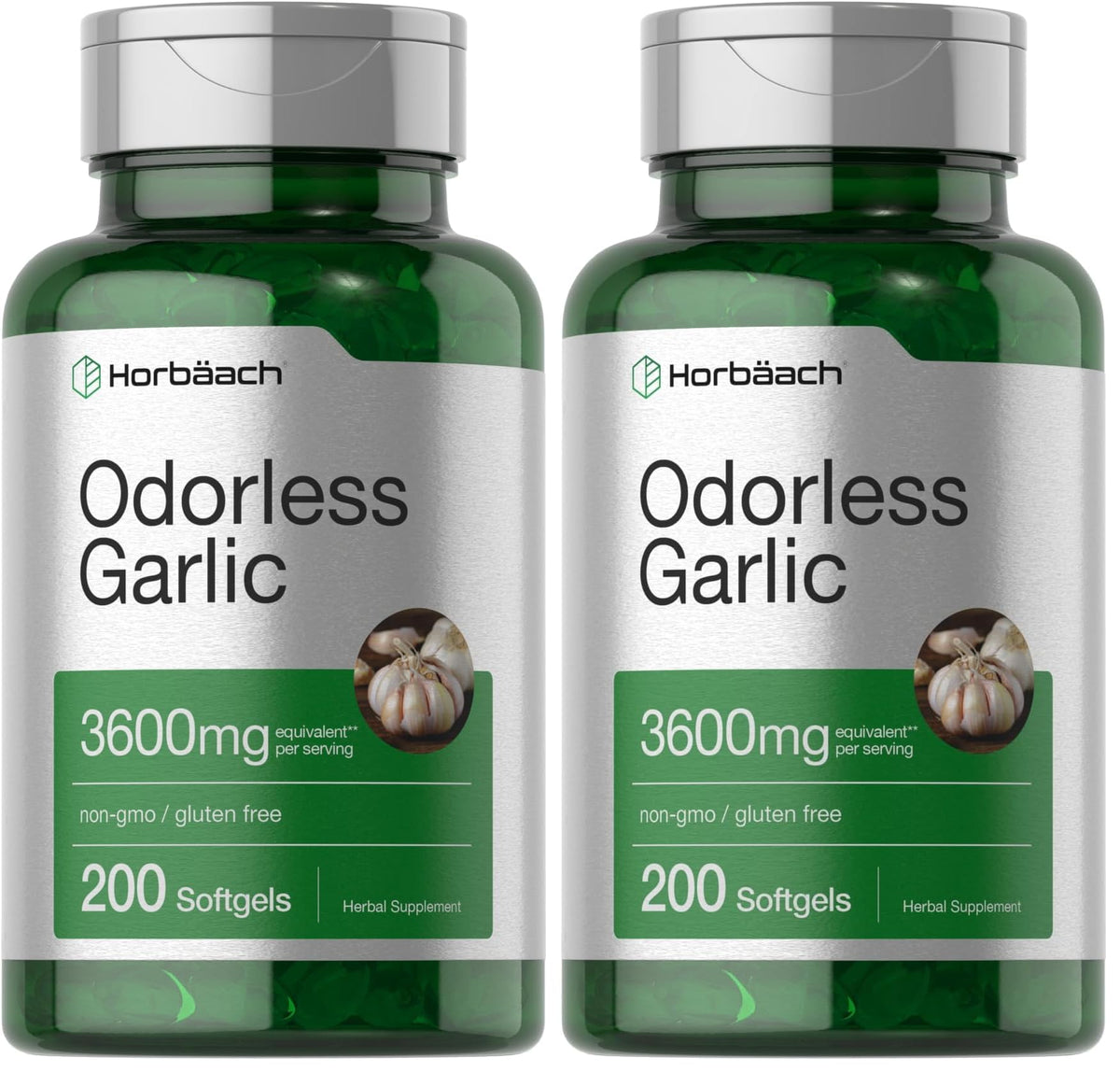 Bottle of Horbaach Odorless Garlic Softgels with 3600 mg per serving label