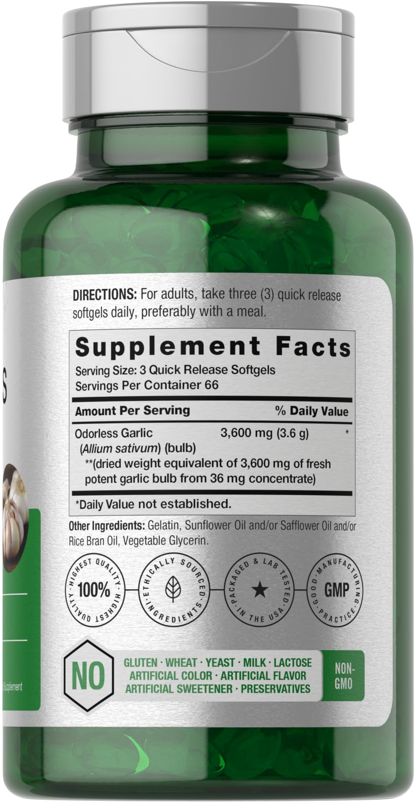 Side view of Horbäach Odorless Garlic Softgels 3600 mg bottle