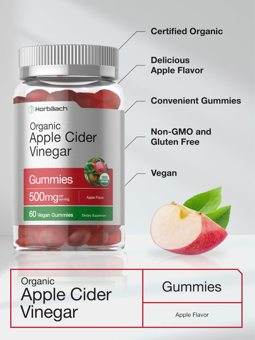 Horbaach Organic ACV Gummies packshot showing 60-count bottle.