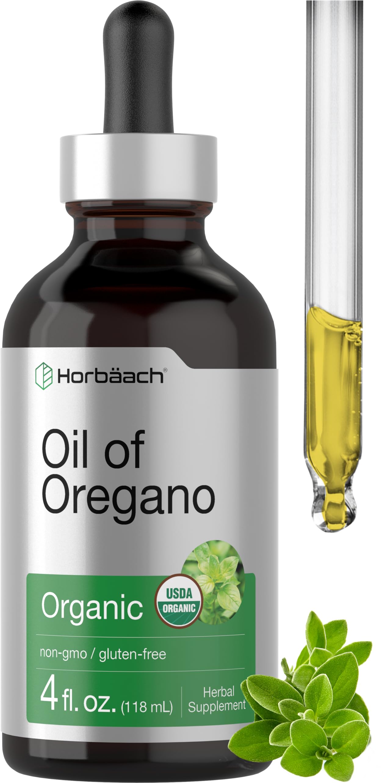 Horbäach Organic Oil of Oregano Drops 4 oz bottle, front view