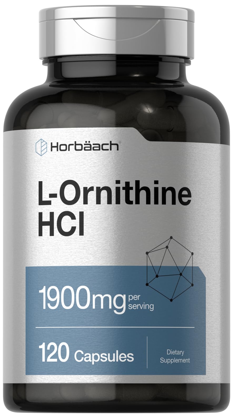 Bottle of Horbaach L Ornithine HCl 1900mg 120 capsules