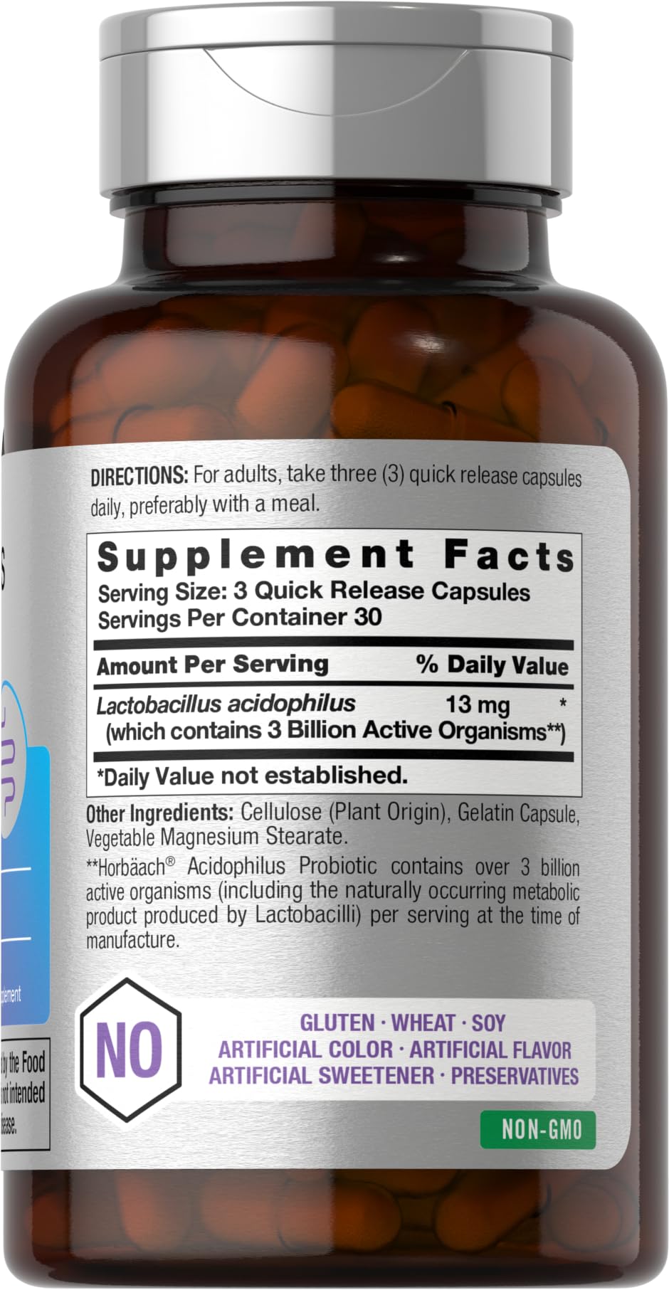 Close-up of Horbäach Probiotic bottle label showing 3 billion CFU