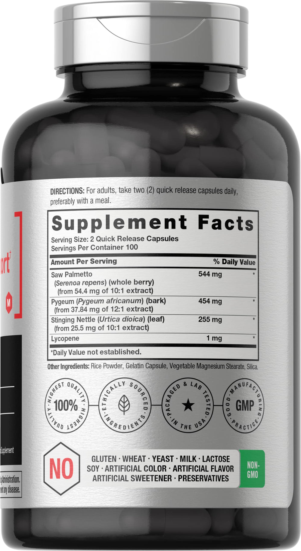 Close-up of Horbaach Prostate Supplement label showing Non-GMO and gluten-free